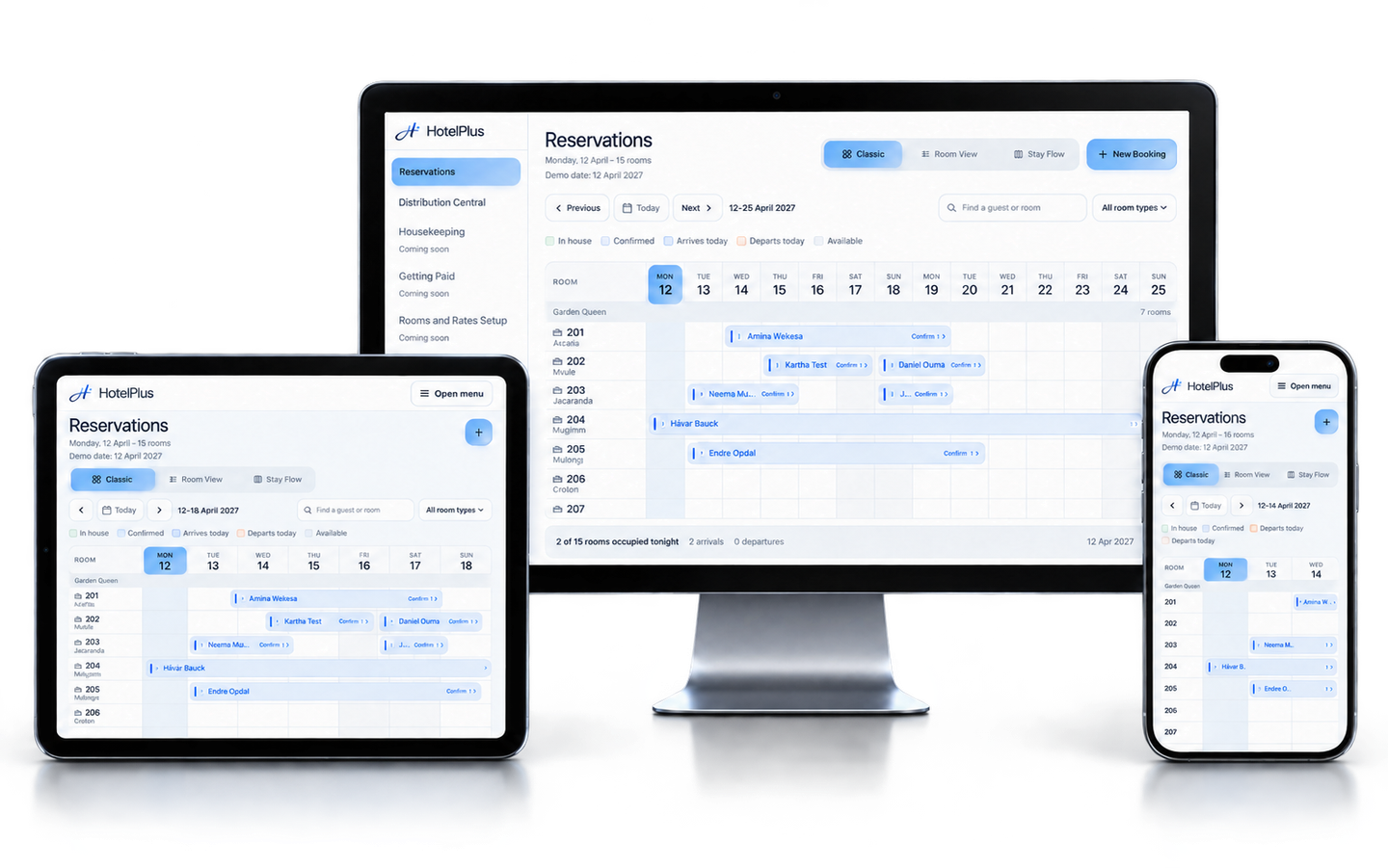 HotelPlus Cloud calendar preview shown across a desktop monitor, iPad and iPhone.
