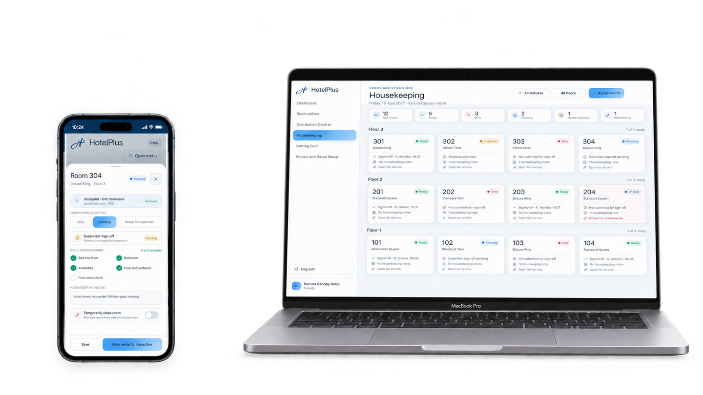 HotelPlus housekeeping concept shown on mobile and a laptop beside a hotel room.