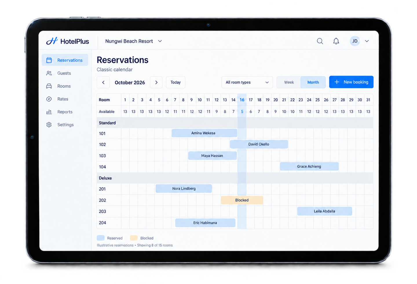 HotelPlus monthly reservations calendar concept shown on an iPad.